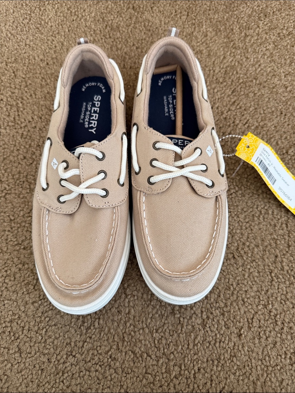 NWT 4M Sperry Kids Taupe Canvas Lace-Up Boat Sneakers
